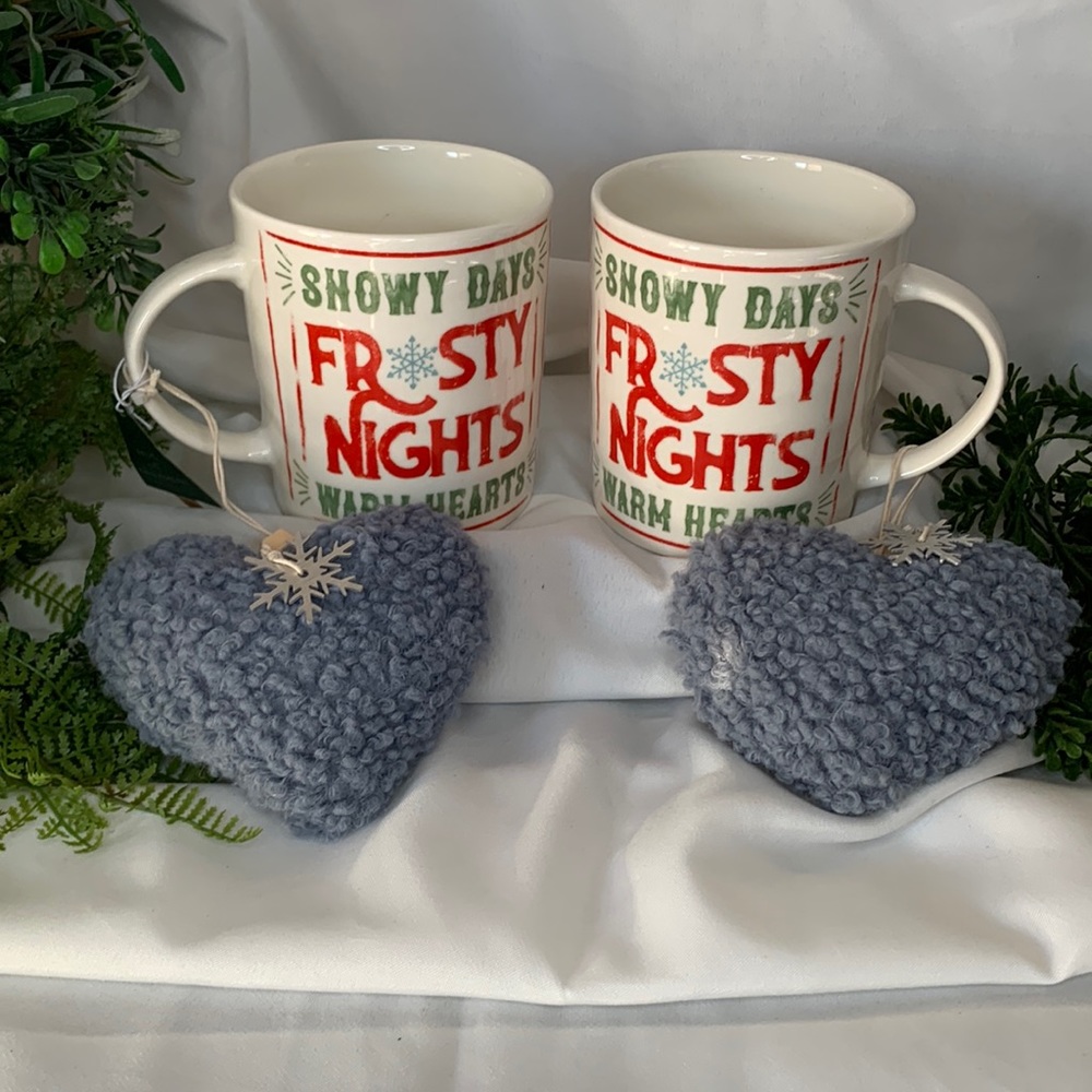 Set of 2 Lg Prima Design “Snowy Days Frosty Nights Warm Hearts” mugs w ornaments